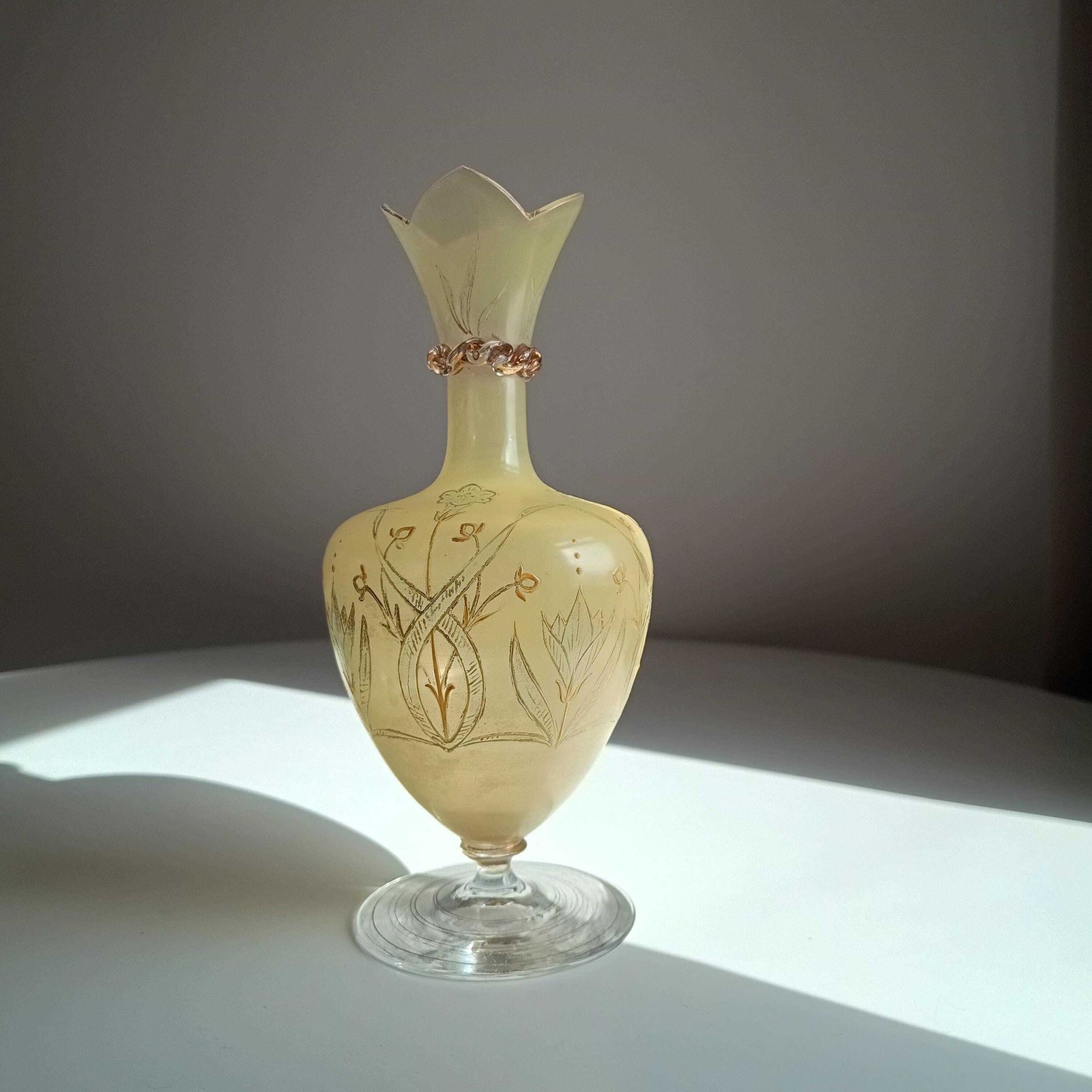 Home Decor Antique Harrach Belle Epoque Japonisme Gold Paste Enamel Glass Vase: Quatrefoil Geometric Mouth. photo