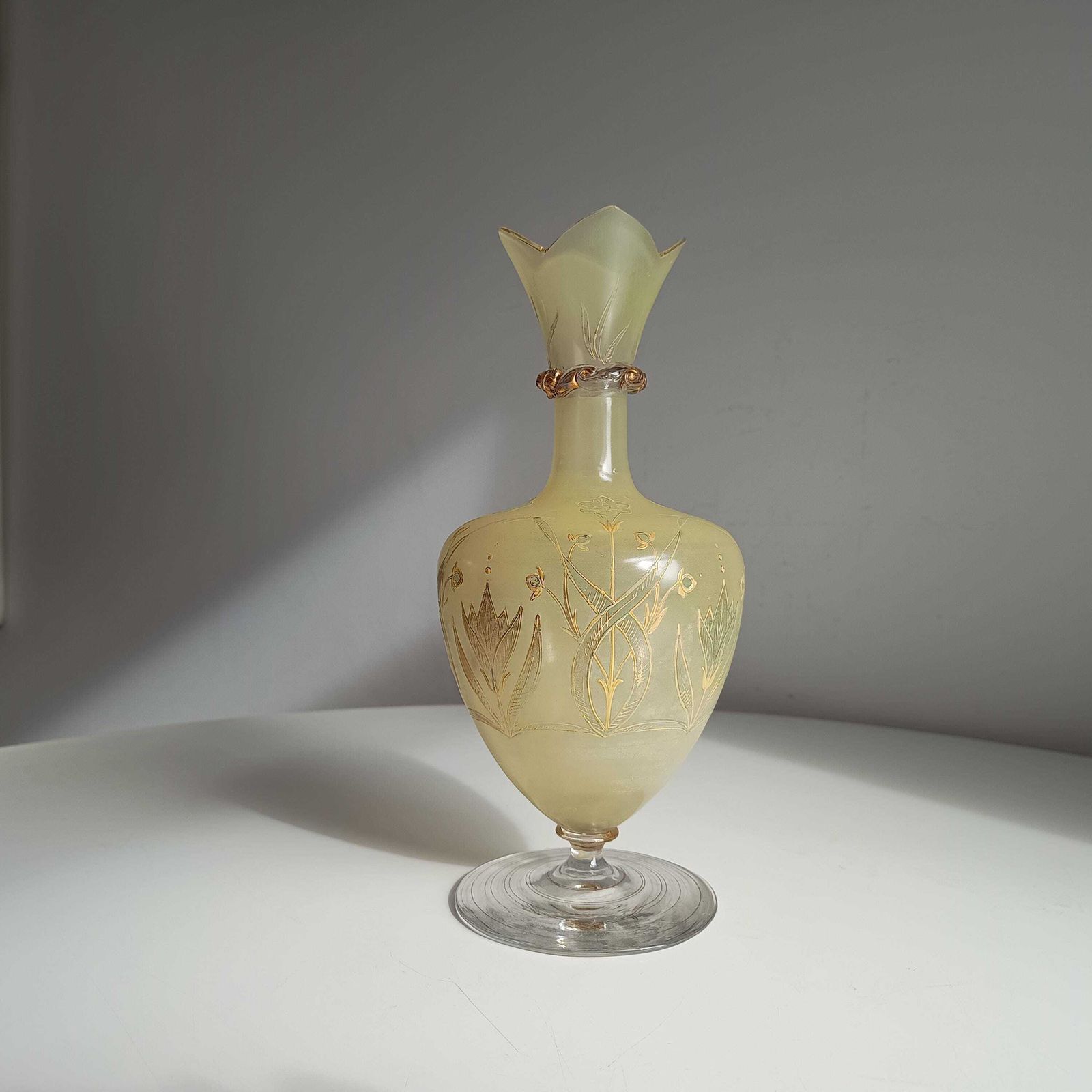 photo vinterior Antique Harrach Belle Epoque Japonisme Gold Paste Enamel Glass Vase: Quatrefoil Geometric Mouth.