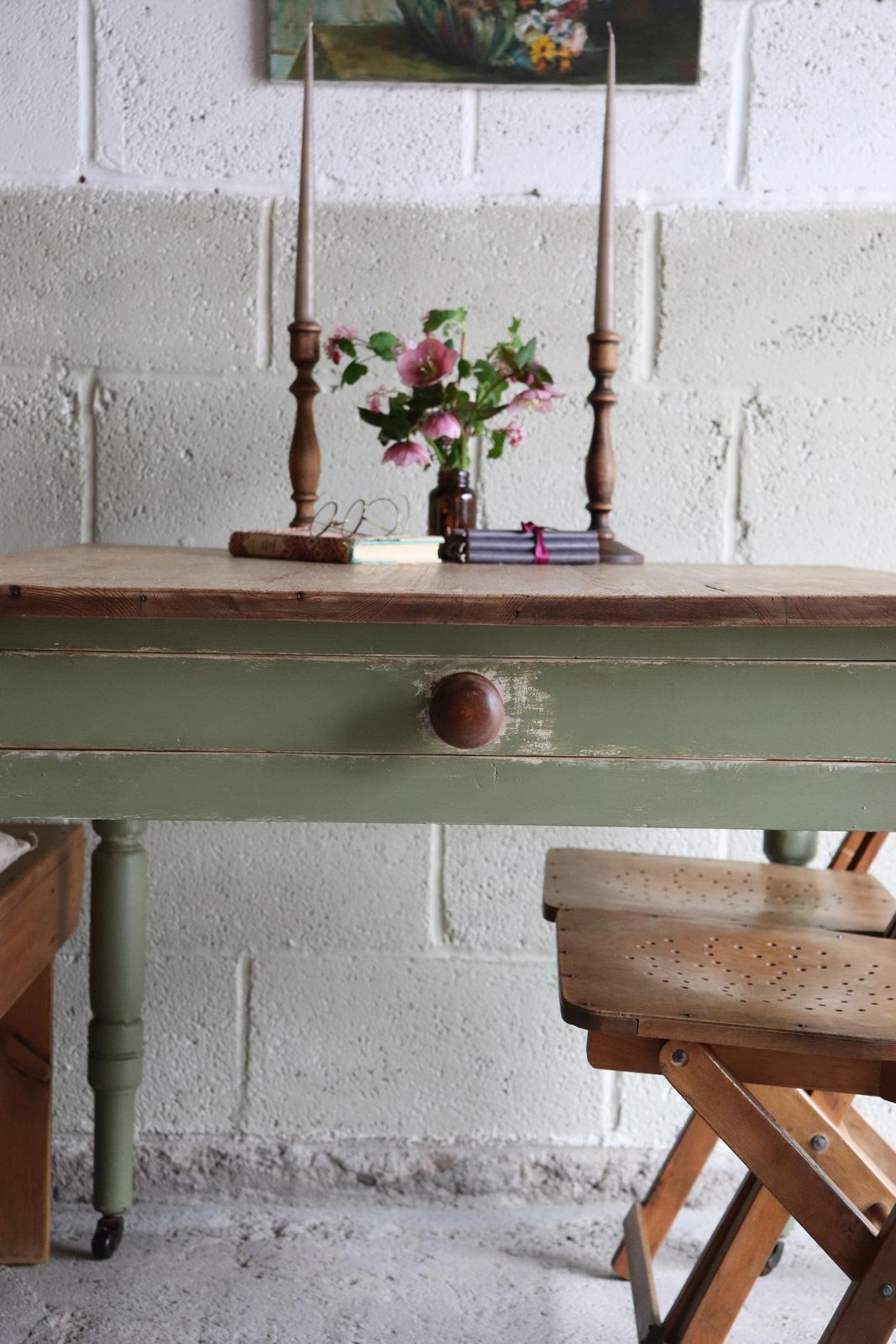 Vintage Pine Farmhouse Table On Castors With Olive Green Paint Finish And Cutlery Drawer photo furniture