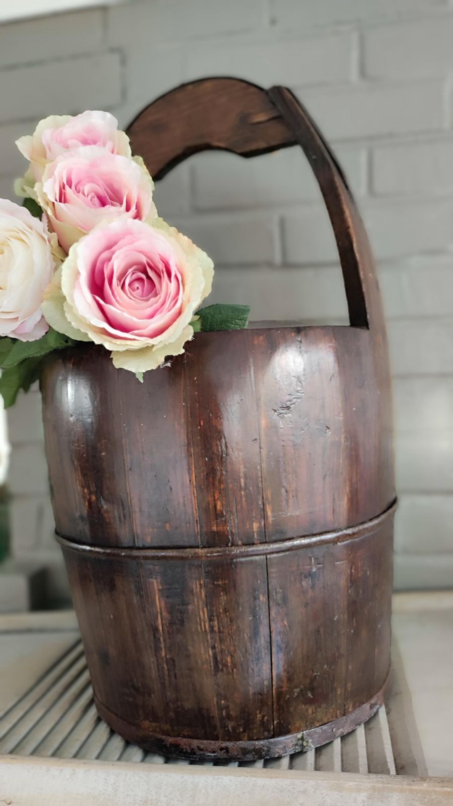 Antique French Wooden Water Well Bucket, Primitive Country Pail With Long Handle photo 529.0