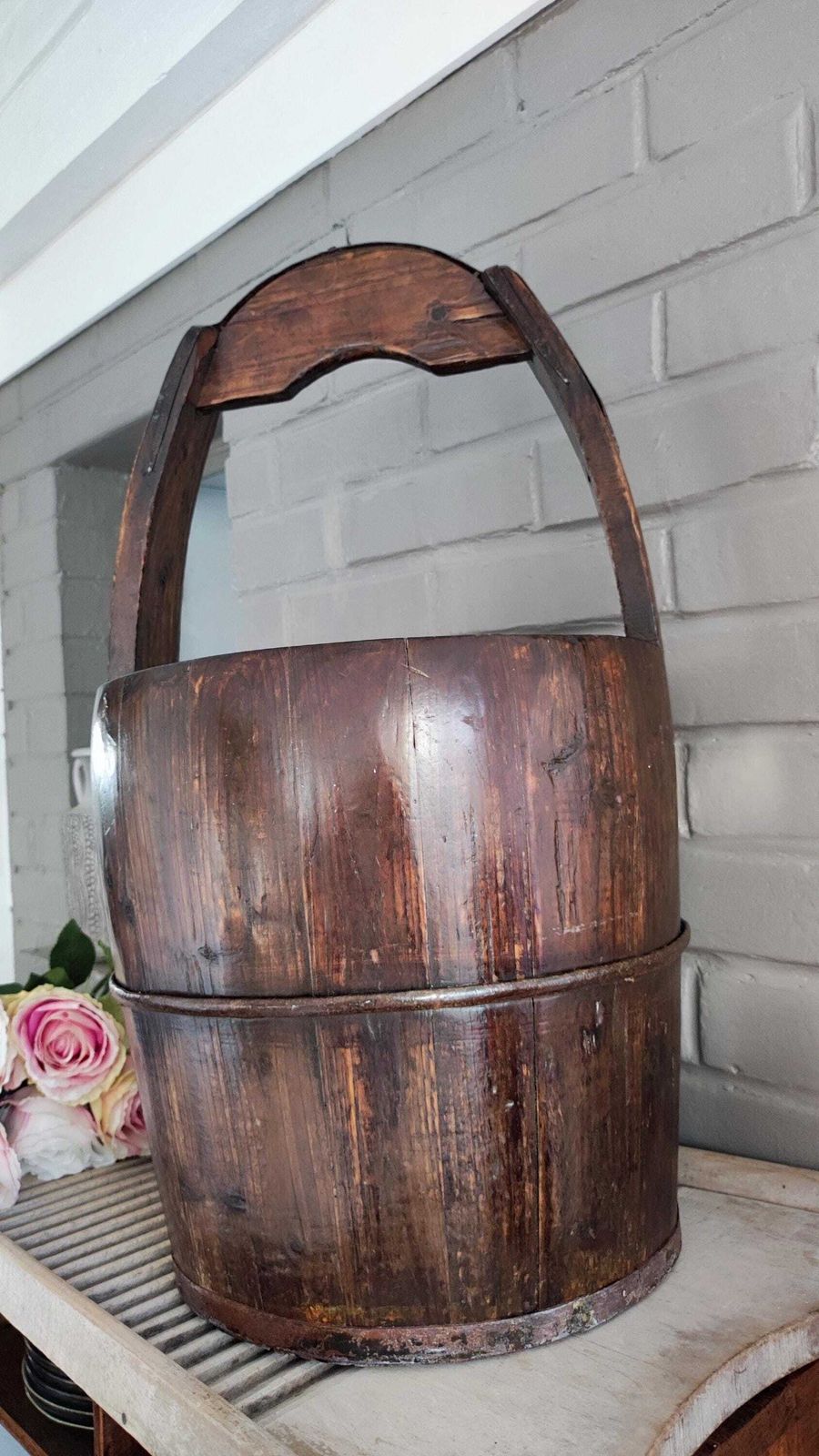 Antique French Wooden Water Well Bucket, Primitive Country Pail With Long Handle photo buy