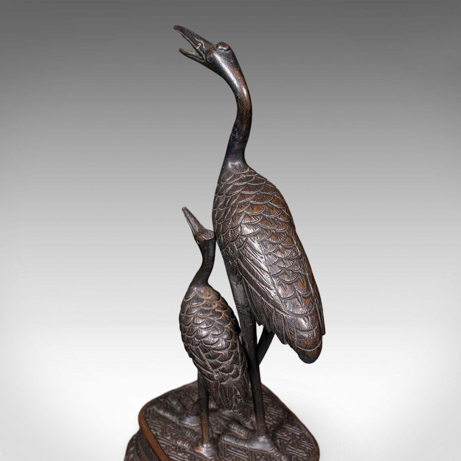 photo for sale Vintage Okimono Figure, Two Cranes, Japanese, Bronze, Bird Study, Art Deco, 1940