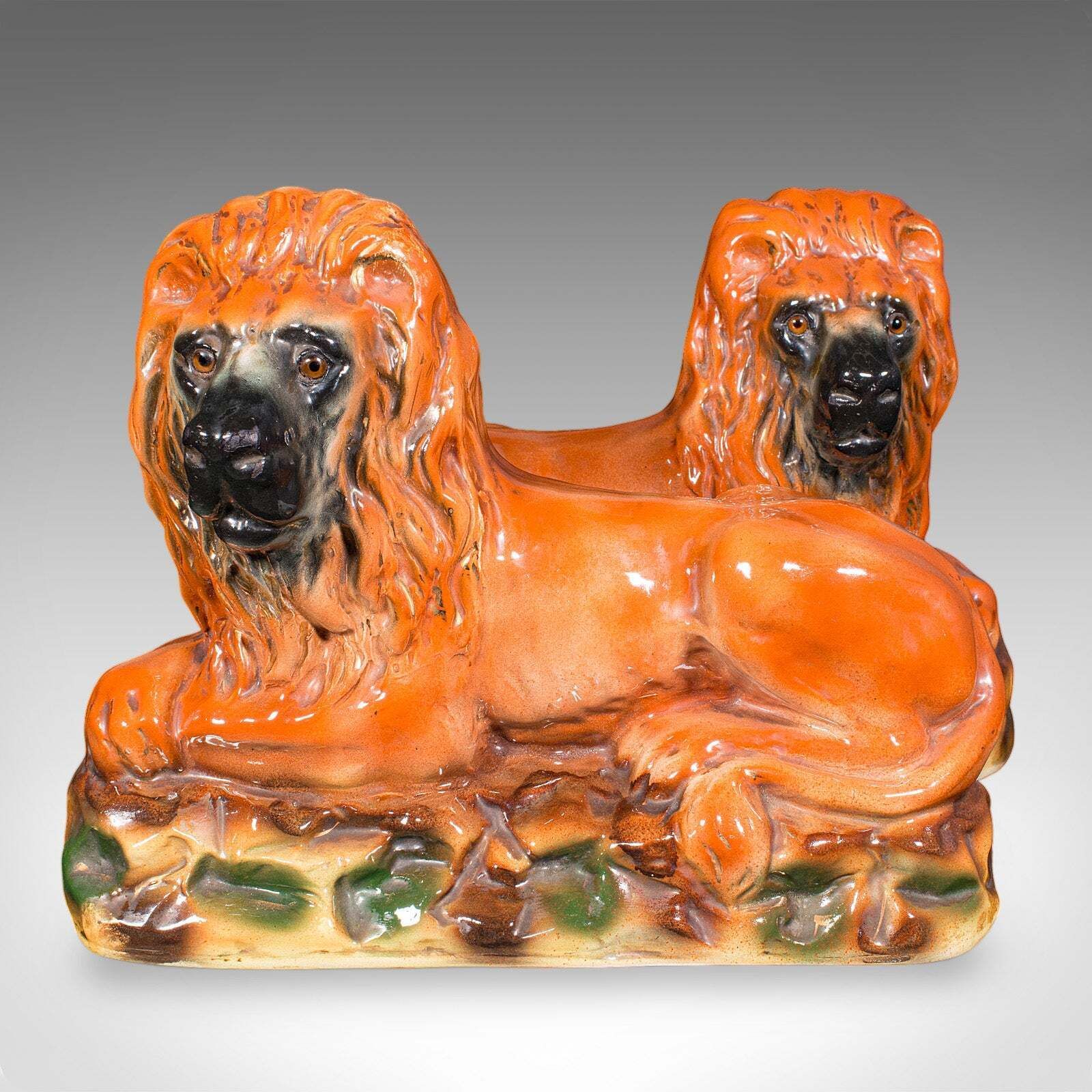Pair Of Antique Recumbent Lions, English, Ceramic, Bookends, Victorian, C.1900 photo for sale