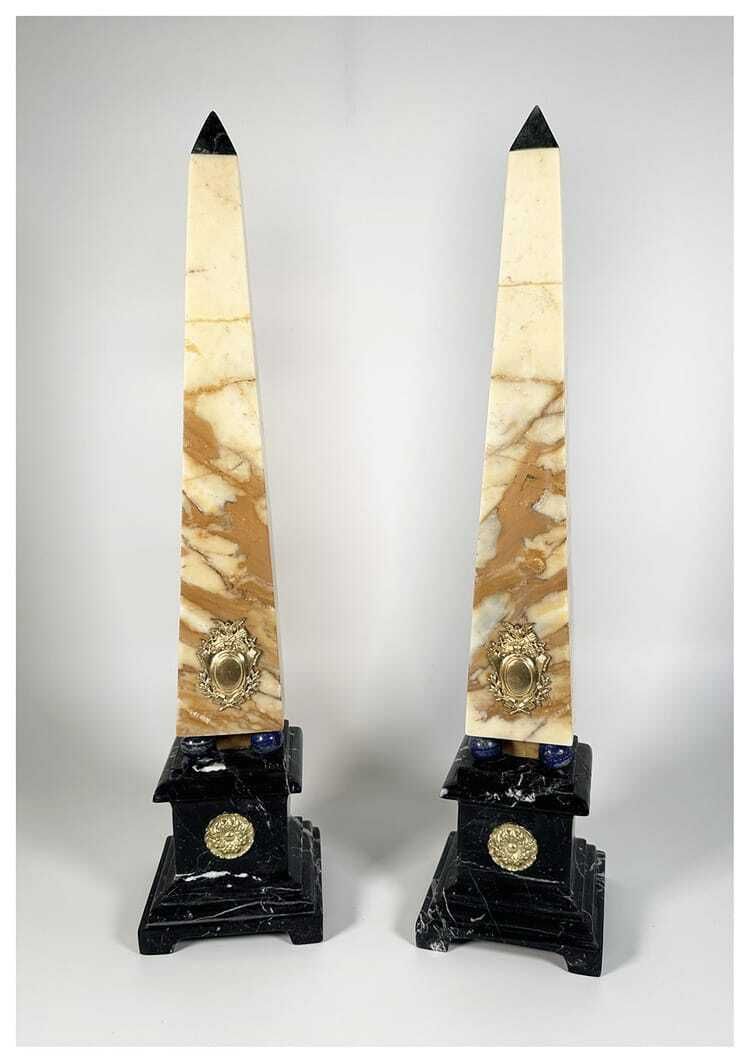 Pair Of Obelisks In Polychrome Marble And Gilded Bronze – Rome, 20th Century photo furniture