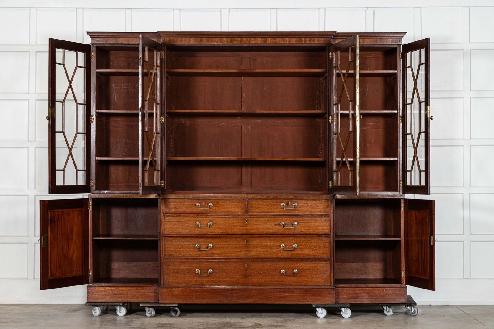 Monumental English Mahogany Breakfront Inlaid Glazed Bookcase photo furniture