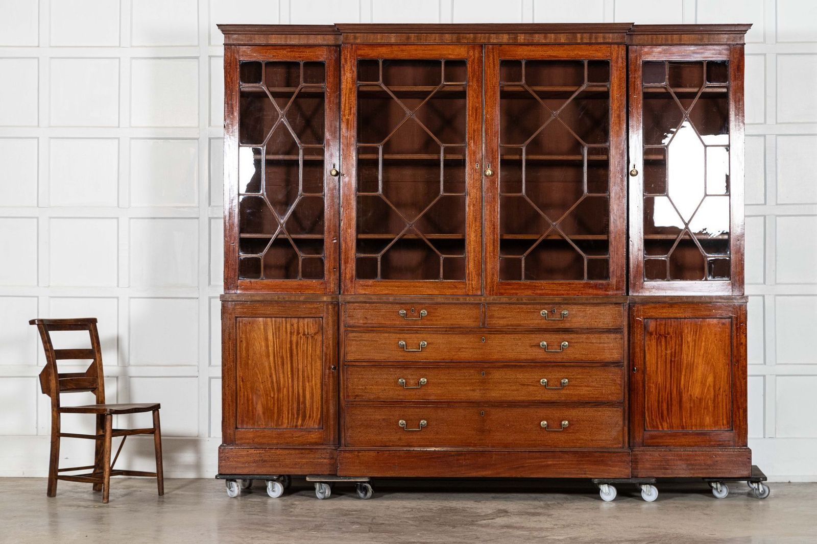 Monumental English Mahogany Breakfront Inlaid Glazed Bookcase photo Furniture