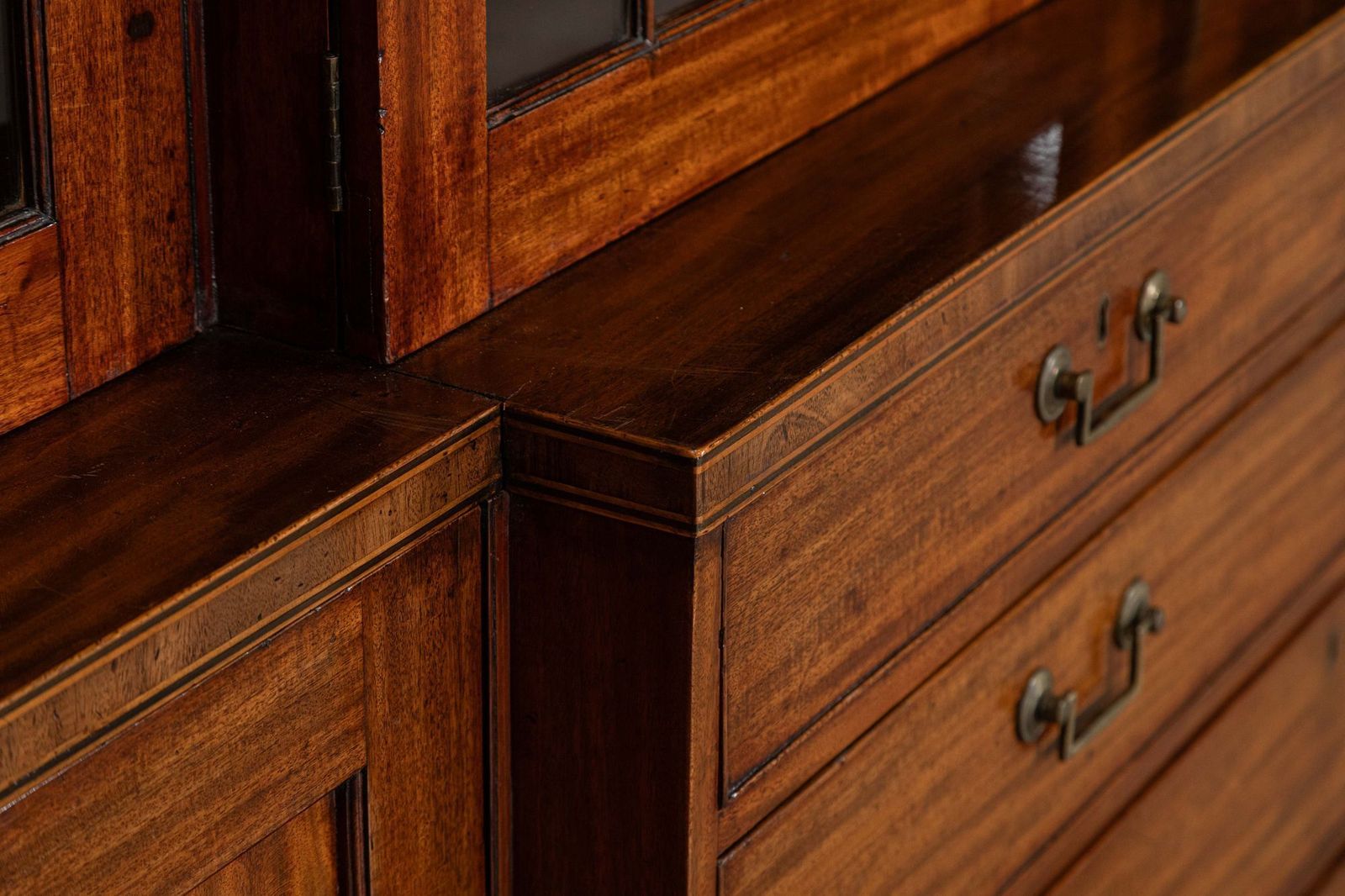 Furniture Monumental English Mahogany Breakfront Inlaid Glazed Bookcase photo