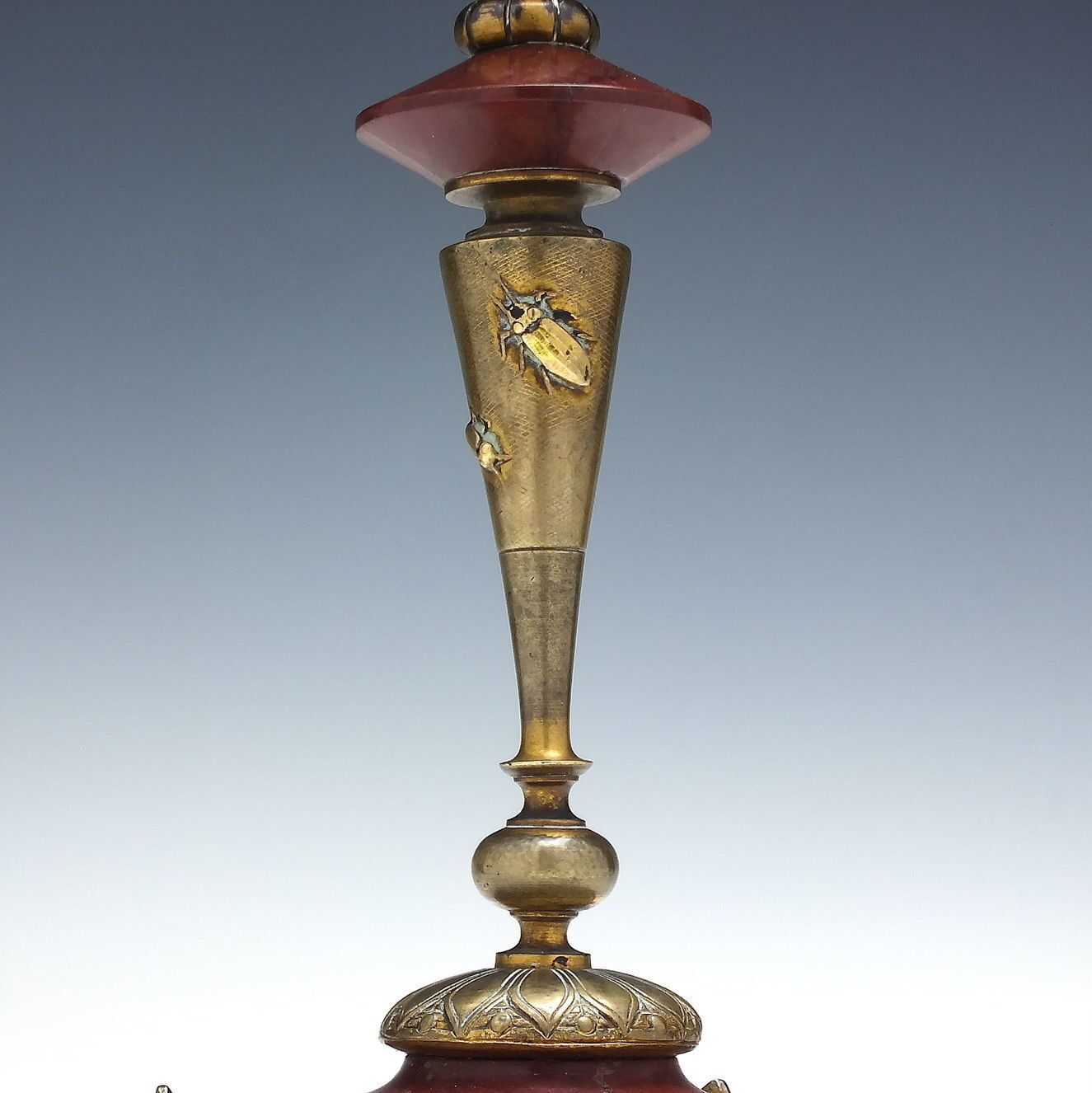 Rare Pair Art And Crafts Brass & Marble Candle Sticks C1880 With Cast Beetles photo for sale