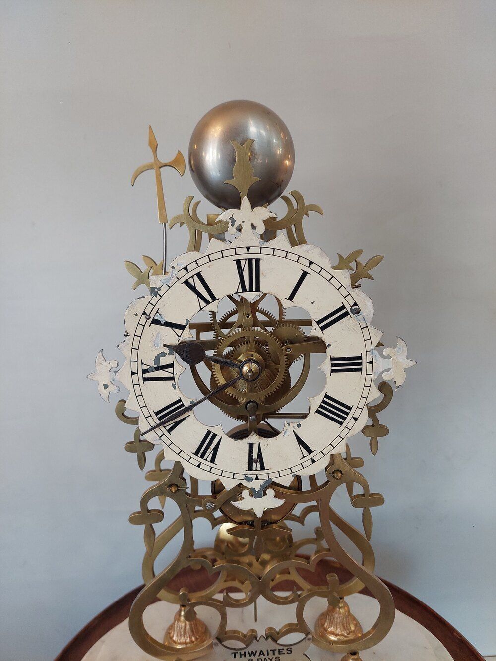 Brass Skeleton Clock By Thwaites Of London photo for sale
