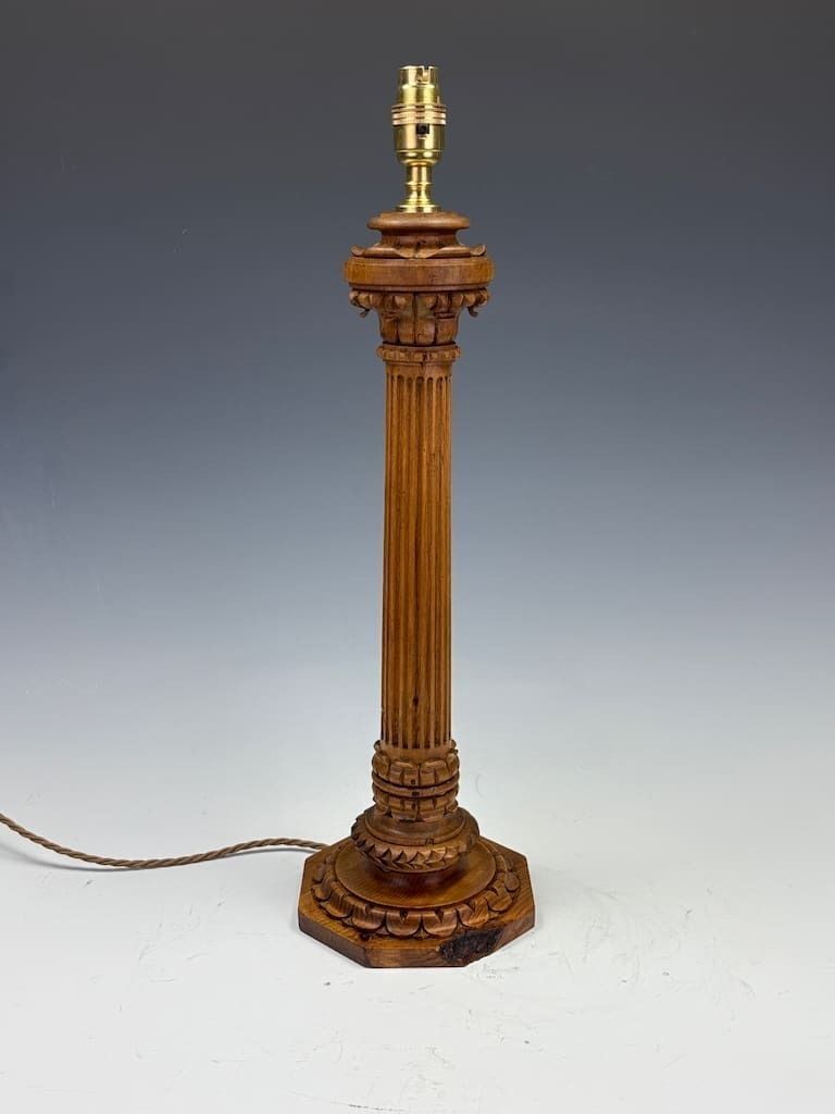 Antique Carved Oak Corinthian Column Table Lamp C.1920 – Neoclassical Revival Lighting