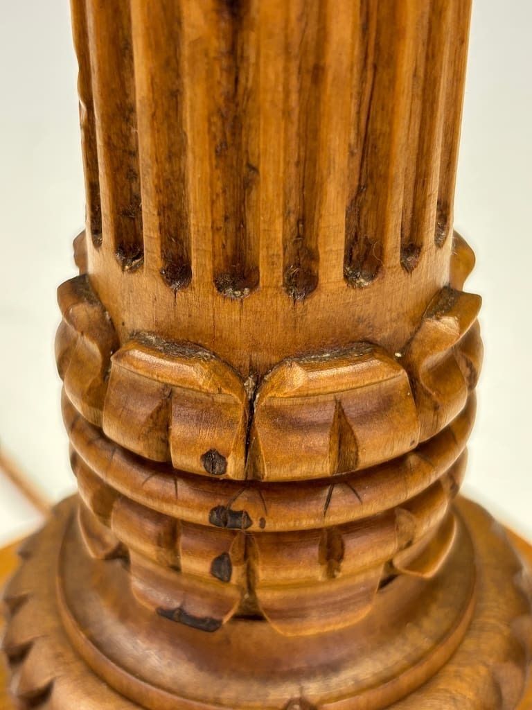 photo for sale Antique Carved Oak Corinthian Column Table Lamp C.1920 – Neoclassical Revival Lighting