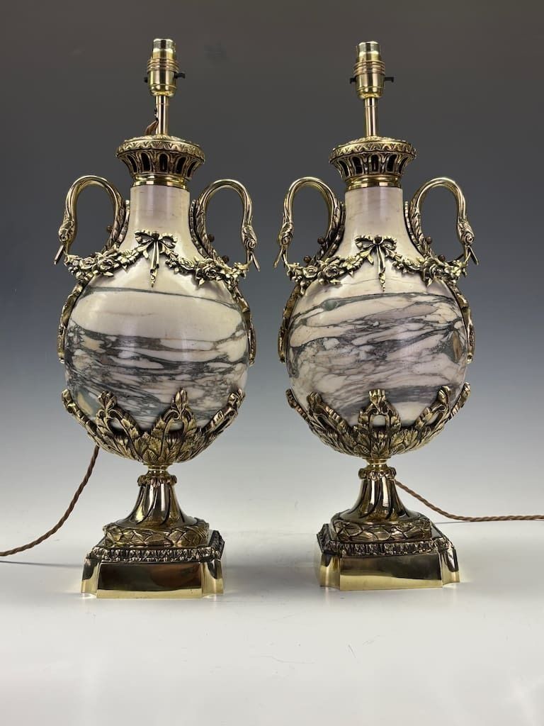 Superb Pair Of French Late 19th Century Marble & Ormolu Urns Converted To Lamps, Neoclassical