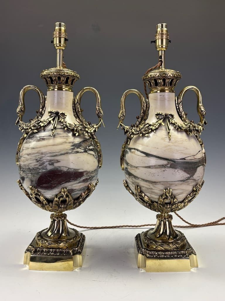 Superb Pair Of French Late 19th Century Marble & Ormolu Urns Converted To Lamps, Neoclassical photo Lighting