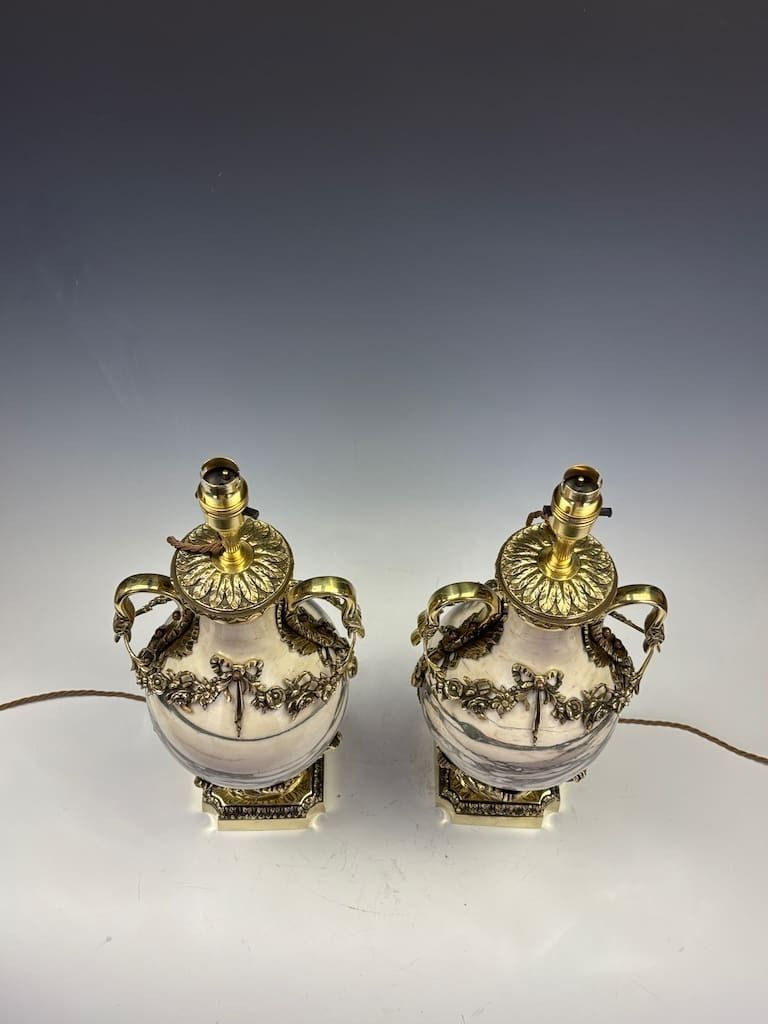 Superb Pair Of French Late 19th Century Marble & Ormolu Urns Converted To Lamps, Neoclassical photo vinterior