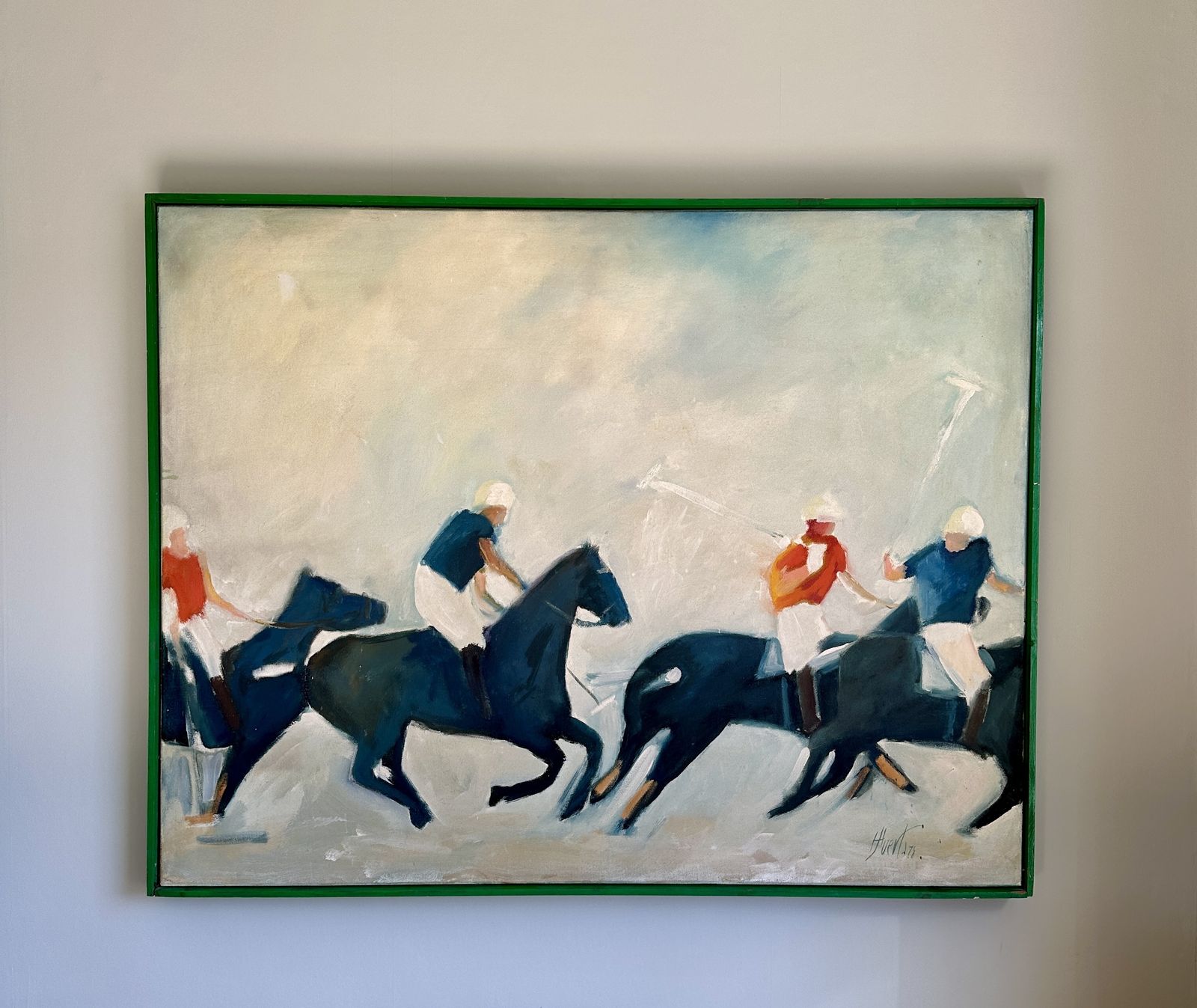 Large Vintage Polo Painting   Oil On Canvas – Framed 119 × 94 Cm