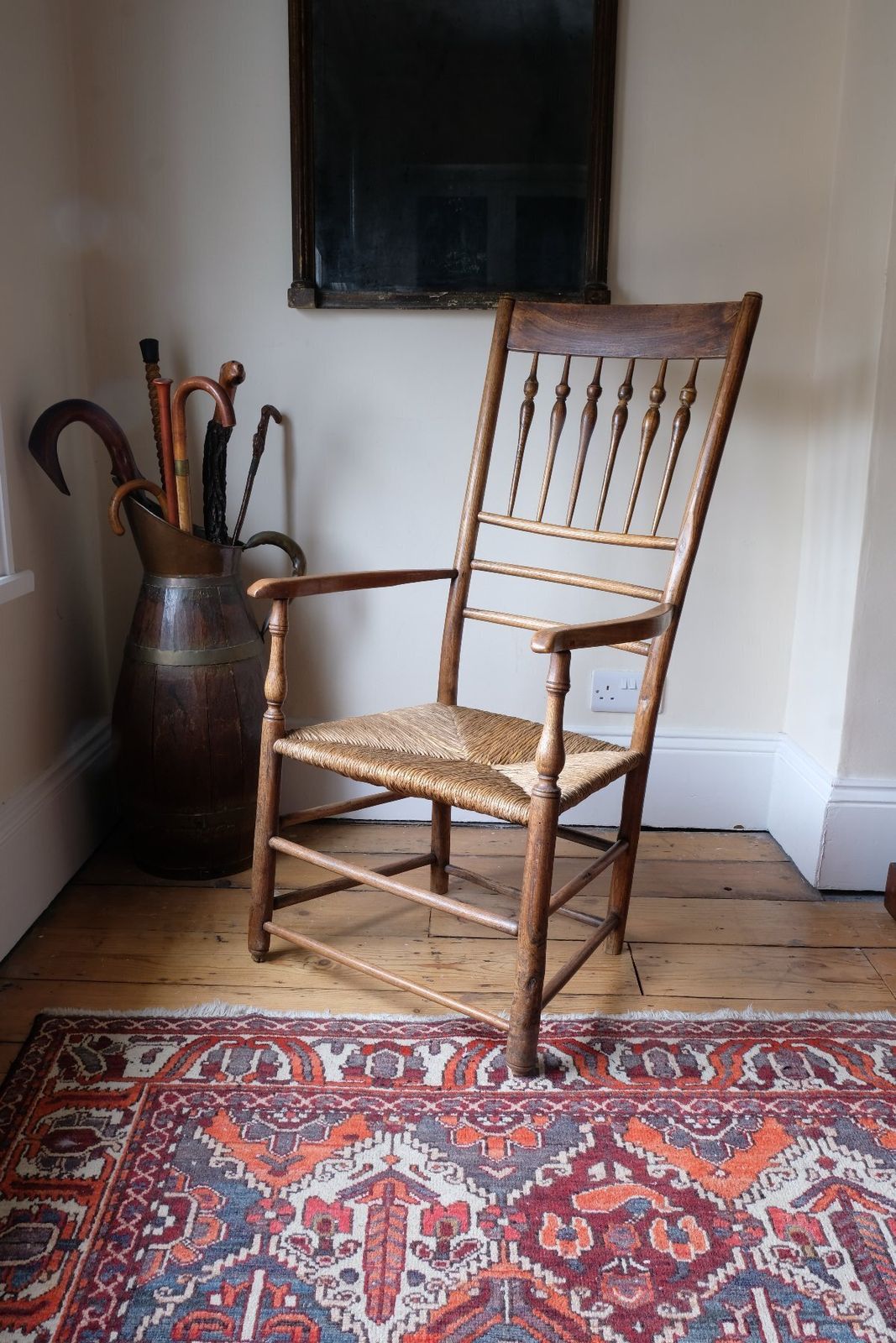Philip Clissett Arts & Crafts Ash Rush Seat Spindle Back Armchair, Herefordshire Circa 1890