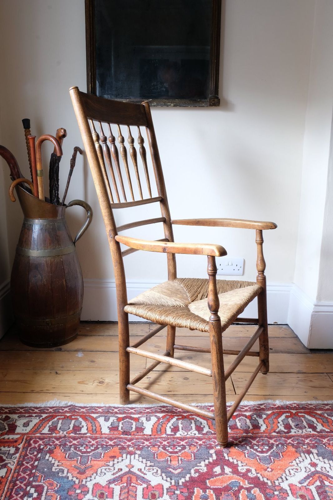 photo for sale Philip Clissett Arts & Crafts Ash Rush Seat Spindle Back Armchair, Herefordshire Circa 1890