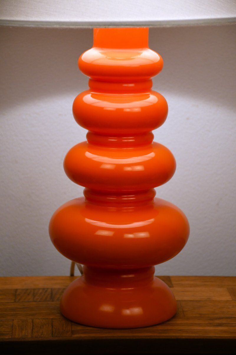 Large Swedish Orange Art Glass Table Lamp By Gustav Leek For Orrefors, 1960s photo buy