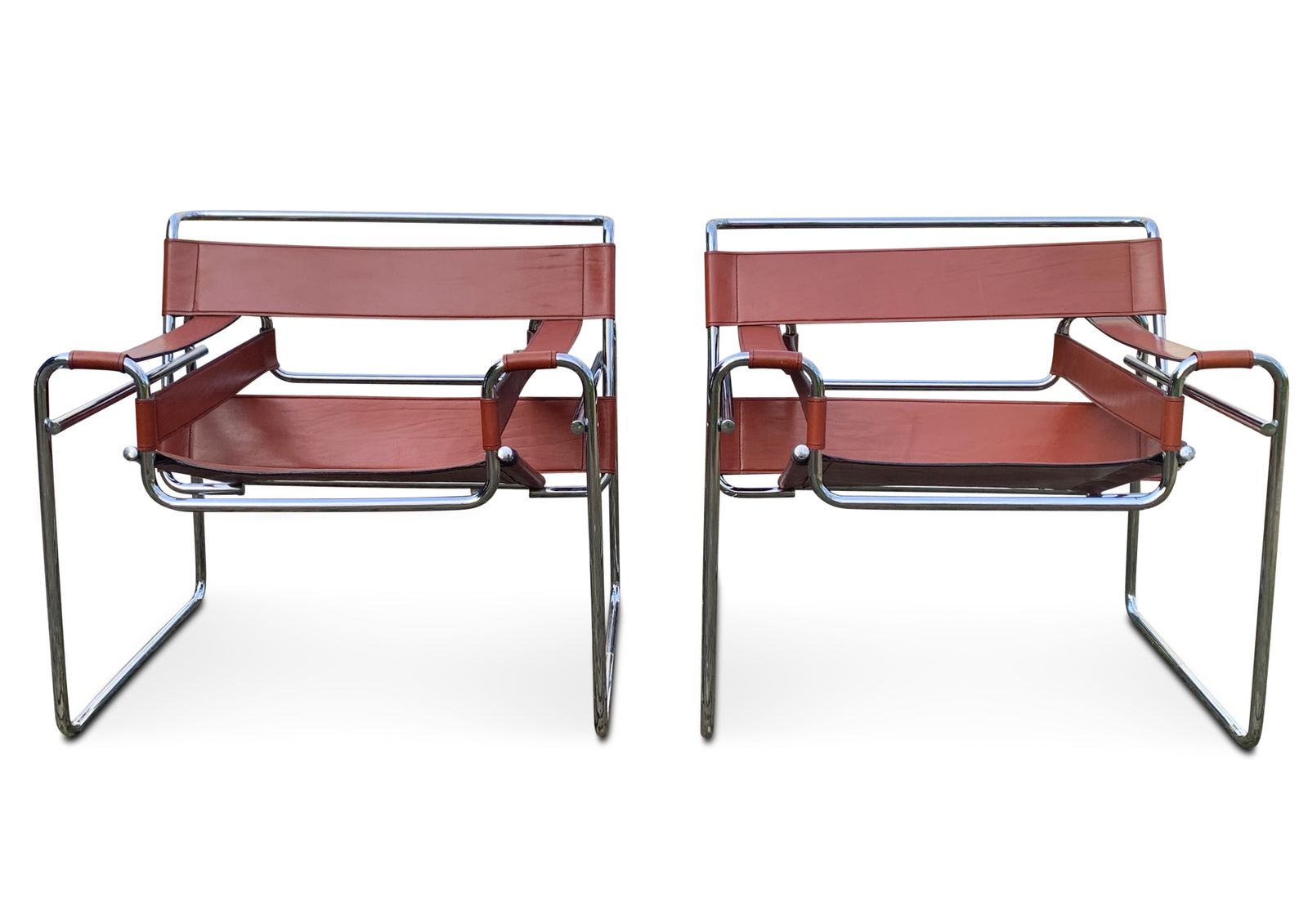 Pair Of Tubular Chrome And Tan Brown Leather Wassily Chair / B3 Chair Designed By Marcel Breuer   Later Habitat Version photo 2000.0