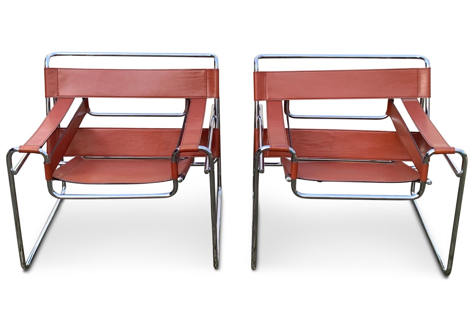 Pair Of Tubular Chrome And Tan Brown Leather Wassily Chair / B3 Chair Designed By Marcel Breuer   Later Habitat Version photo vinterior