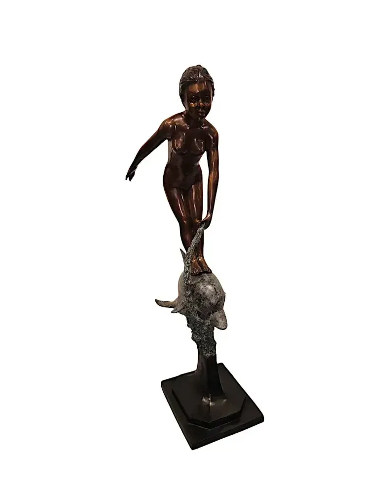 A Very Fine Bronze Figurative Garden Sculpture Of A Lady And Dolphin