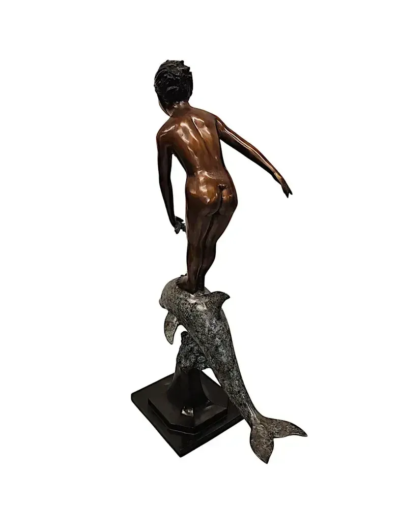 A Very Fine Bronze Figurative Garden Sculpture Of A Lady And Dolphin photo vintage