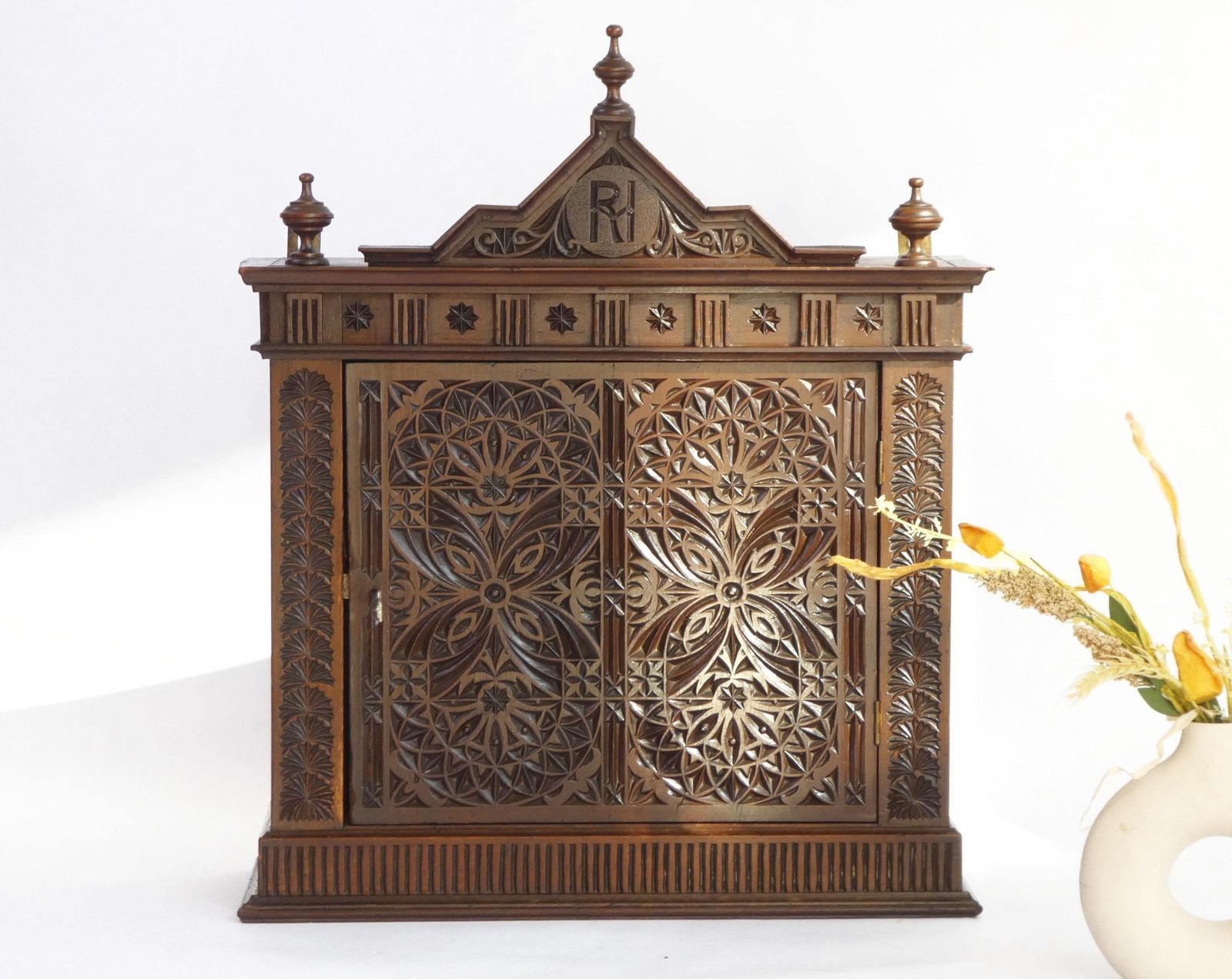Art Nouveau Cabinet With Gothic Elements, Antique Wooden Altar Chip Carved, Old Shrine 1900's photo furniture