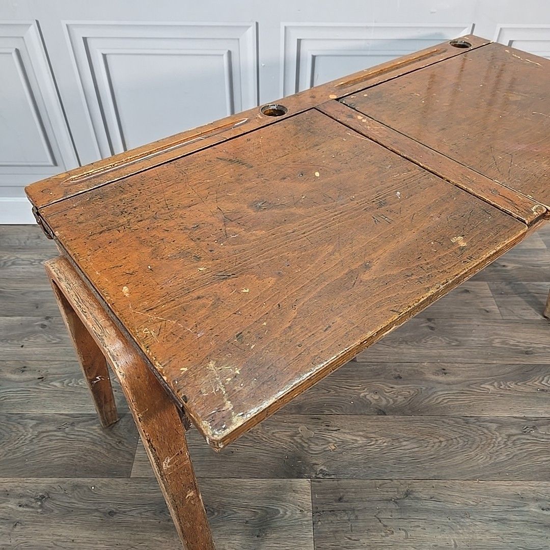 Vintage Double School Desk Wooden Child's Writing Table Storage Retro Mcm photo for sale