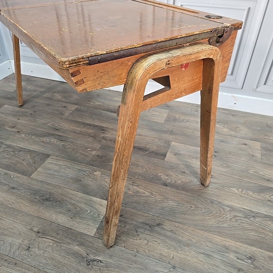 Furniture Vintage Double School Desk Wooden Child's Writing Table Storage Retro Mcm photo
