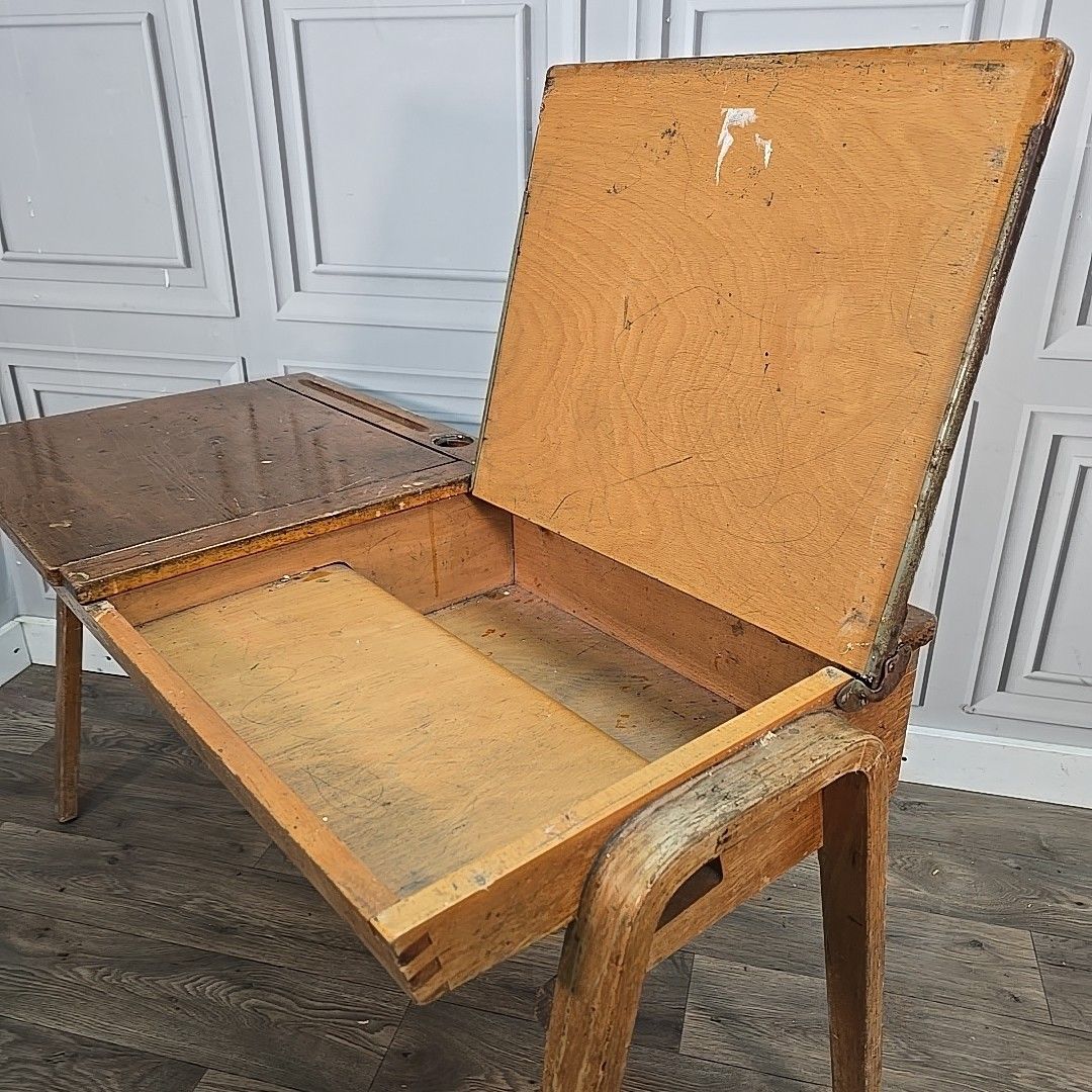 150.0 Vintage Double School Desk Wooden Child's Writing Table Storage Retro Mcm photo