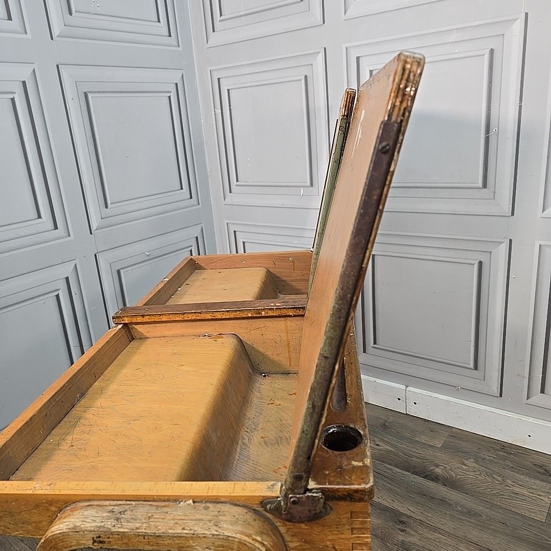 photo vintage Vintage Double School Desk Wooden Child's Writing Table Storage Retro Mcm
