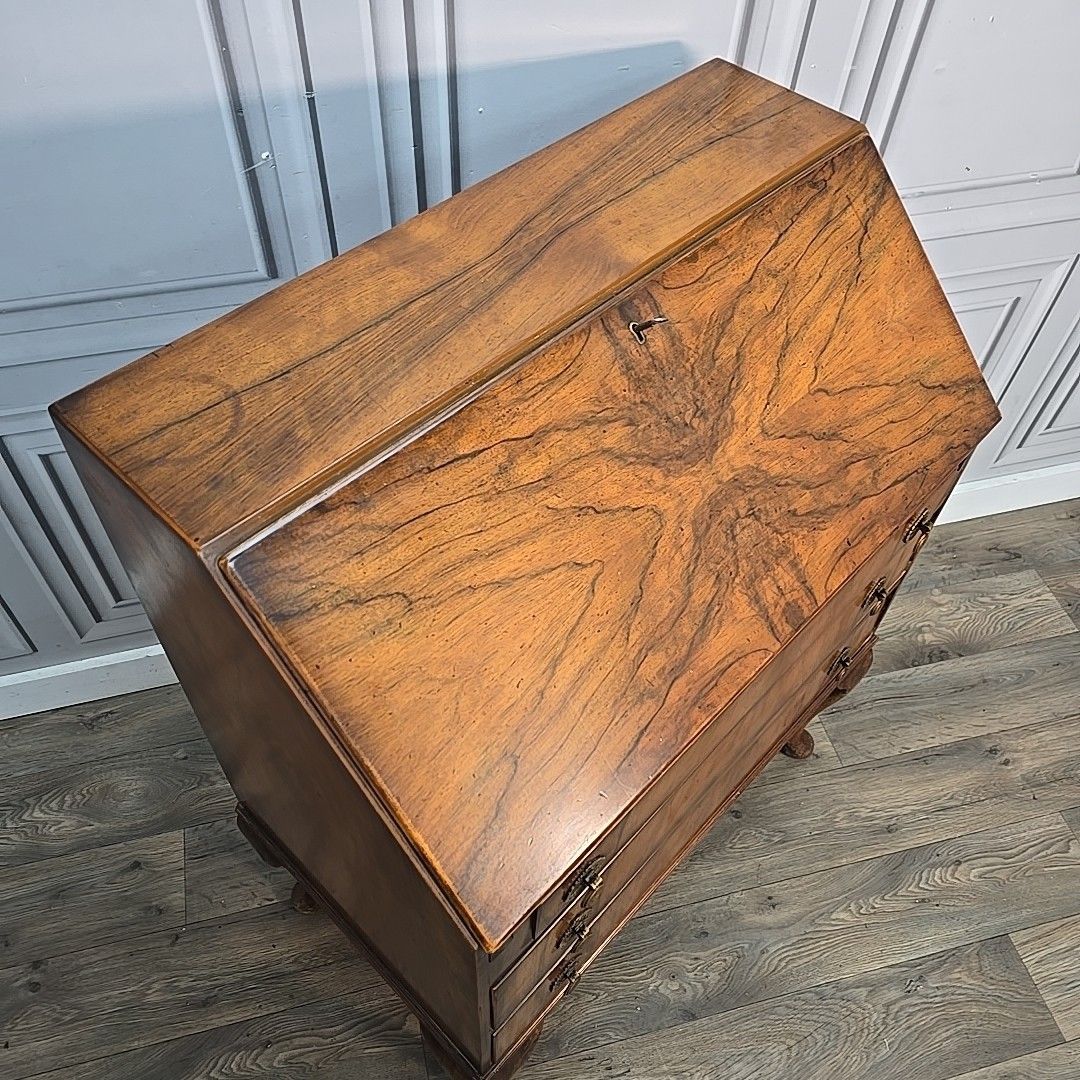 Antique Bureau Writing Desk Wooden Walnut Veneer Queen Anne Style Vintage photo for sale