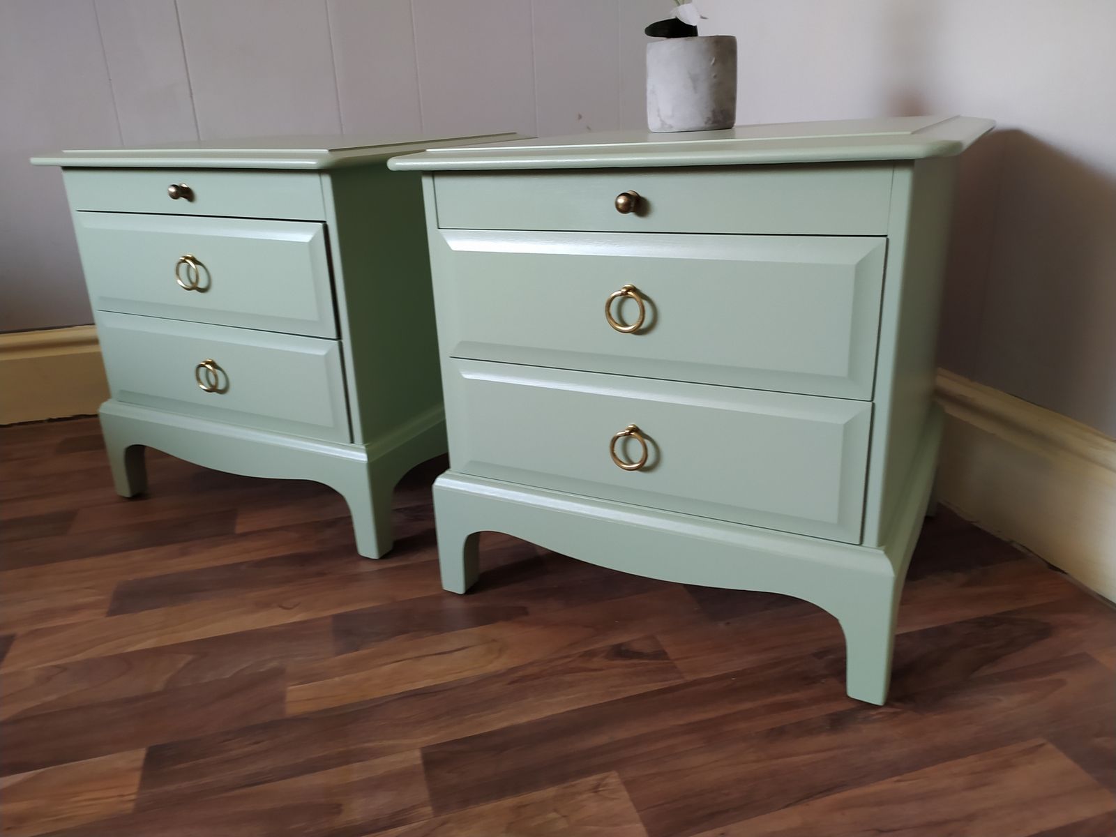 Stag Minstrel Vintage Bedside Cabinets With Drawer Spray Painted Bramwell Green photo furniture