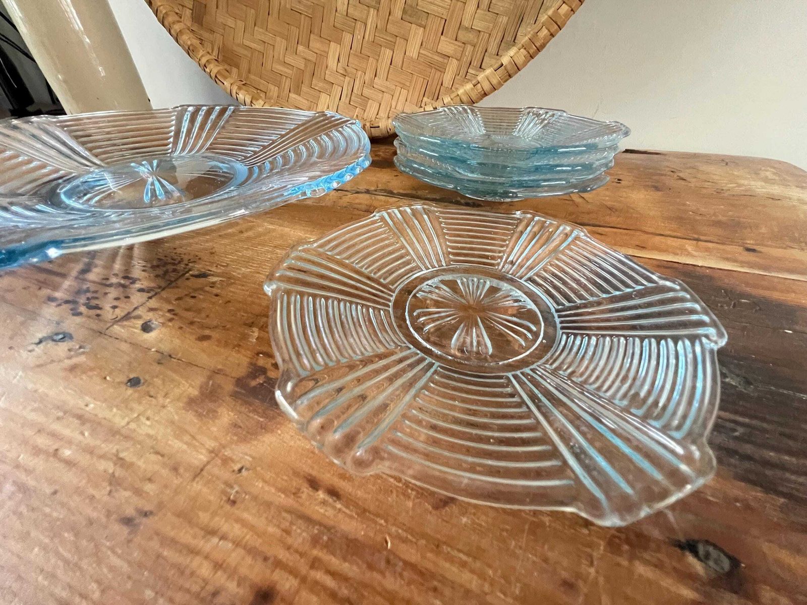Vintage Ice Blue Art Deco Depression Glass Set – Large Scalloped Serving Plate & Matching Small Plates – Mid Century Ribbed Sunburst Platter photo furniture