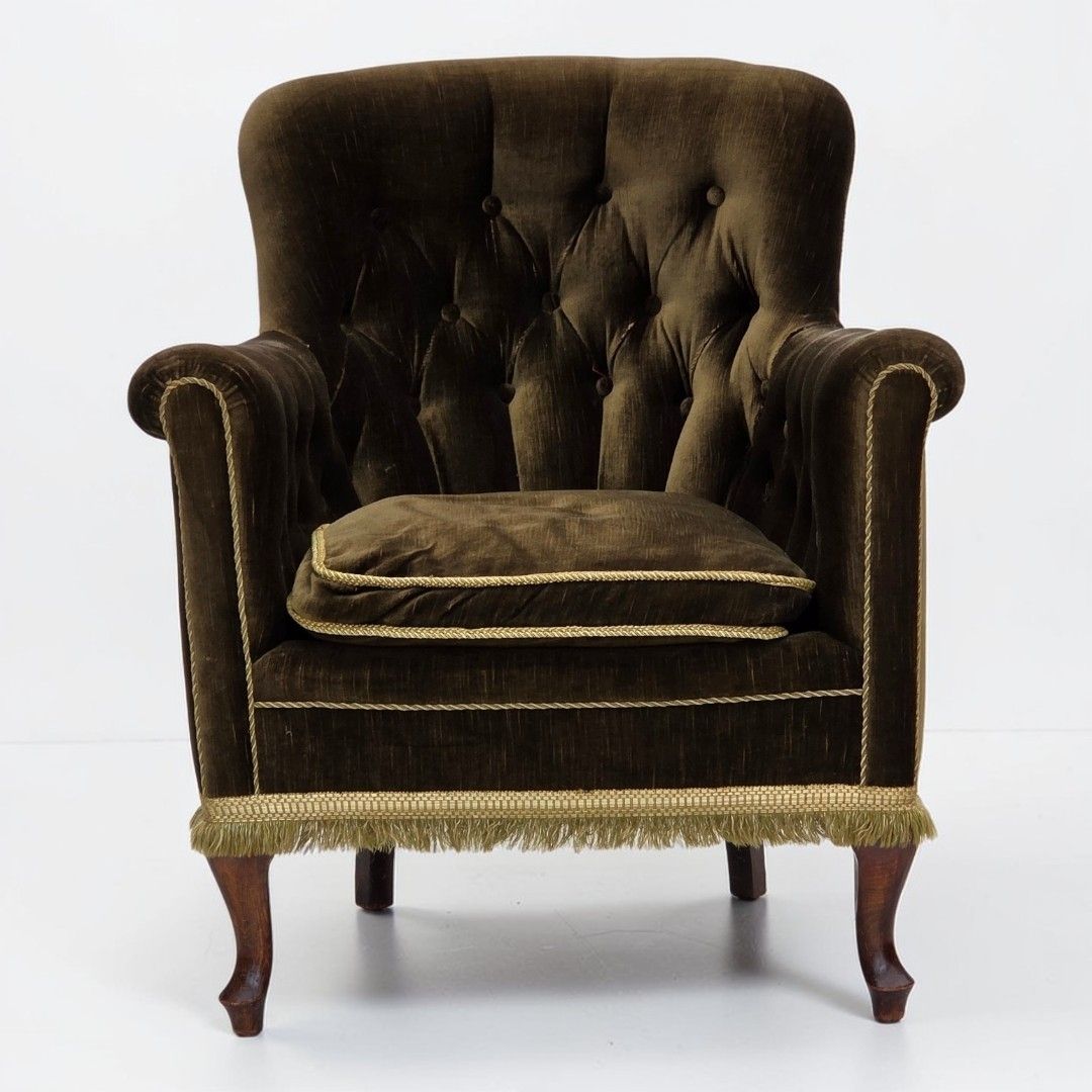 1950s, Scandinavian Armchair, Green Furniture Velour, Ash Wood.