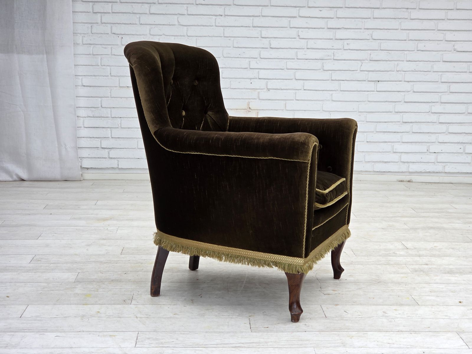 1950s, Scandinavian Armchair, Green Furniture Velour, Ash Wood. photo vinterior