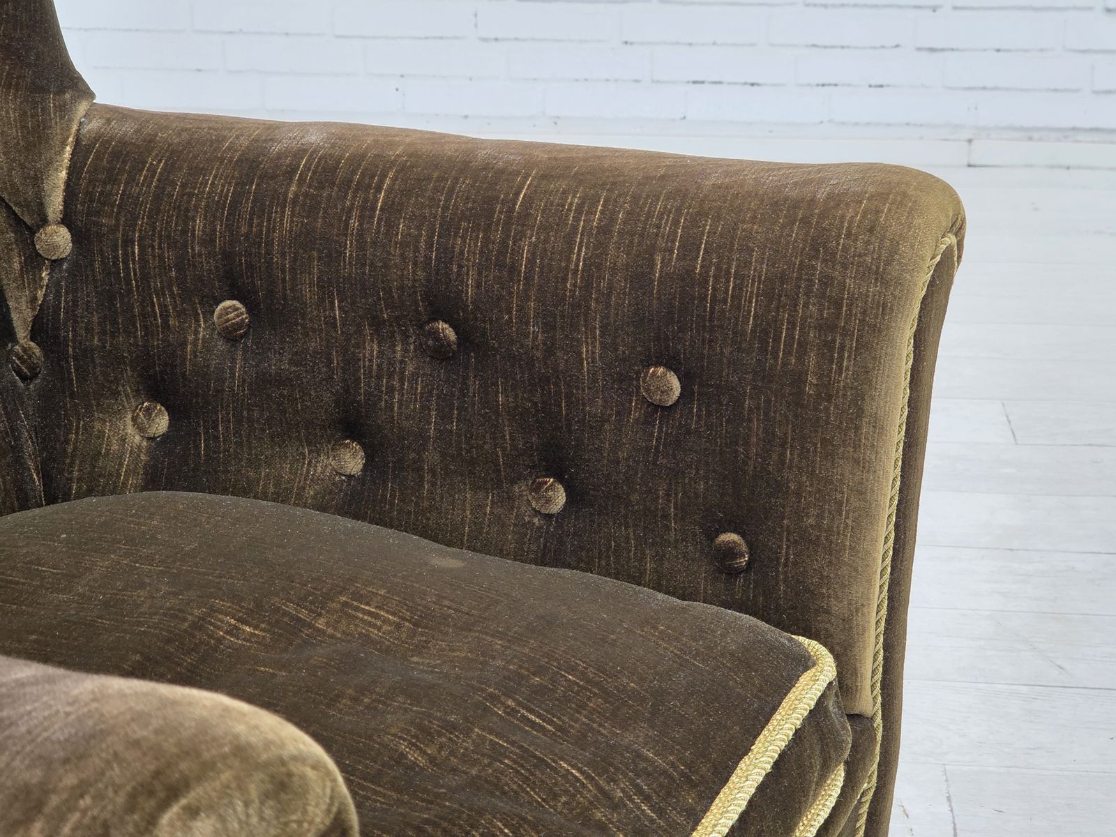 1950s, Scandinavian Armchair, Green Furniture Velour, Ash Wood. photo vintage