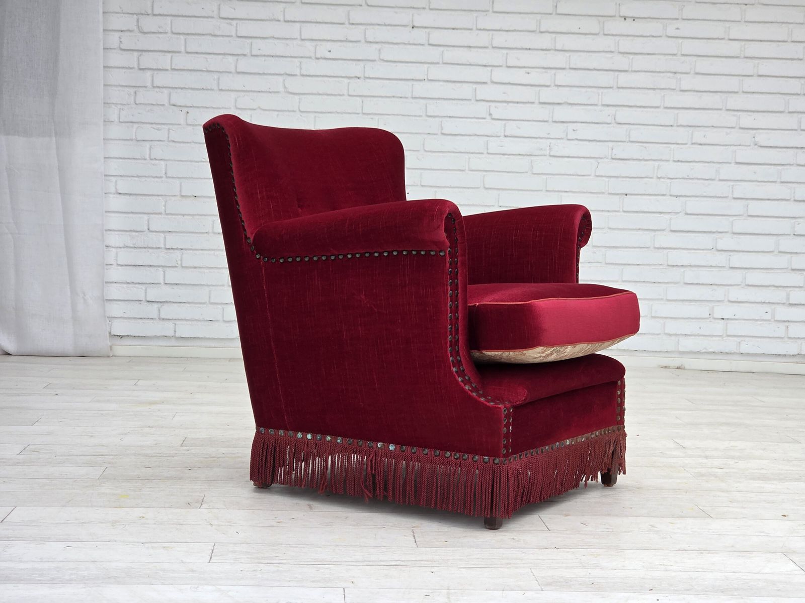 1970s, Danish Armchair, Red Furniture Velour, Ash Wood. photo furniture