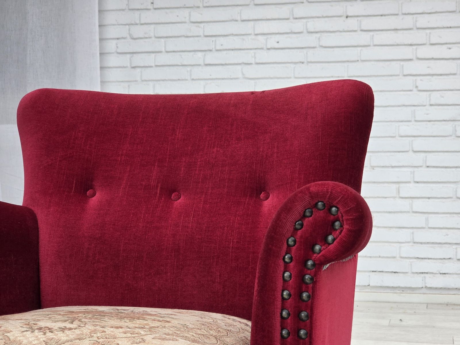 photo furniture 1970s, Danish Armchair, Red Furniture Velour, Ash Wood.