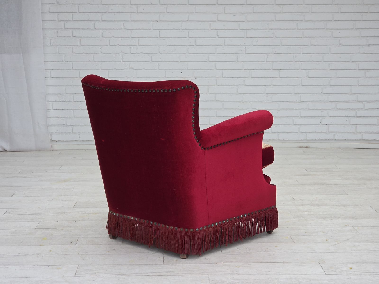 Furniture 1970s, Danish Armchair, Red Furniture Velour, Ash Wood. photo