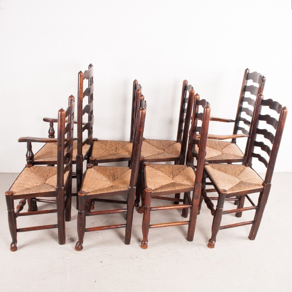 Set Of 8 (6+2) 19thc Farmhouse Rush Seated Ladderback Chairs photo 3270.0