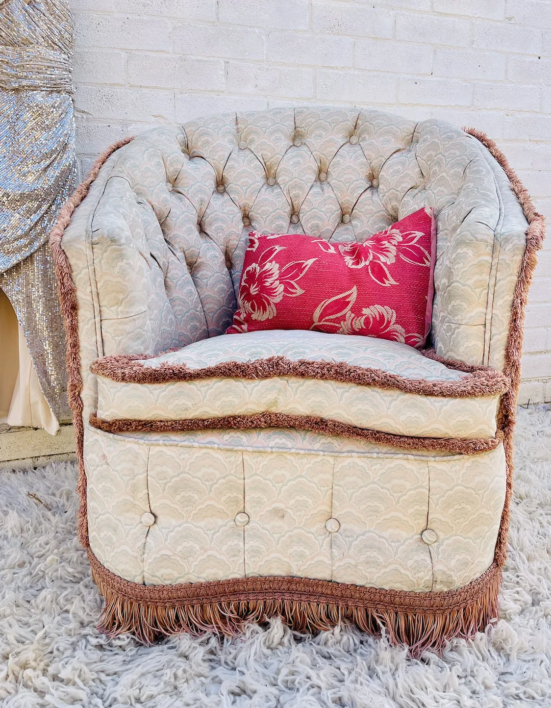 Stunning Vintage Hollywood Revival Scalloped Armchair In Pink And Blue photo for sale