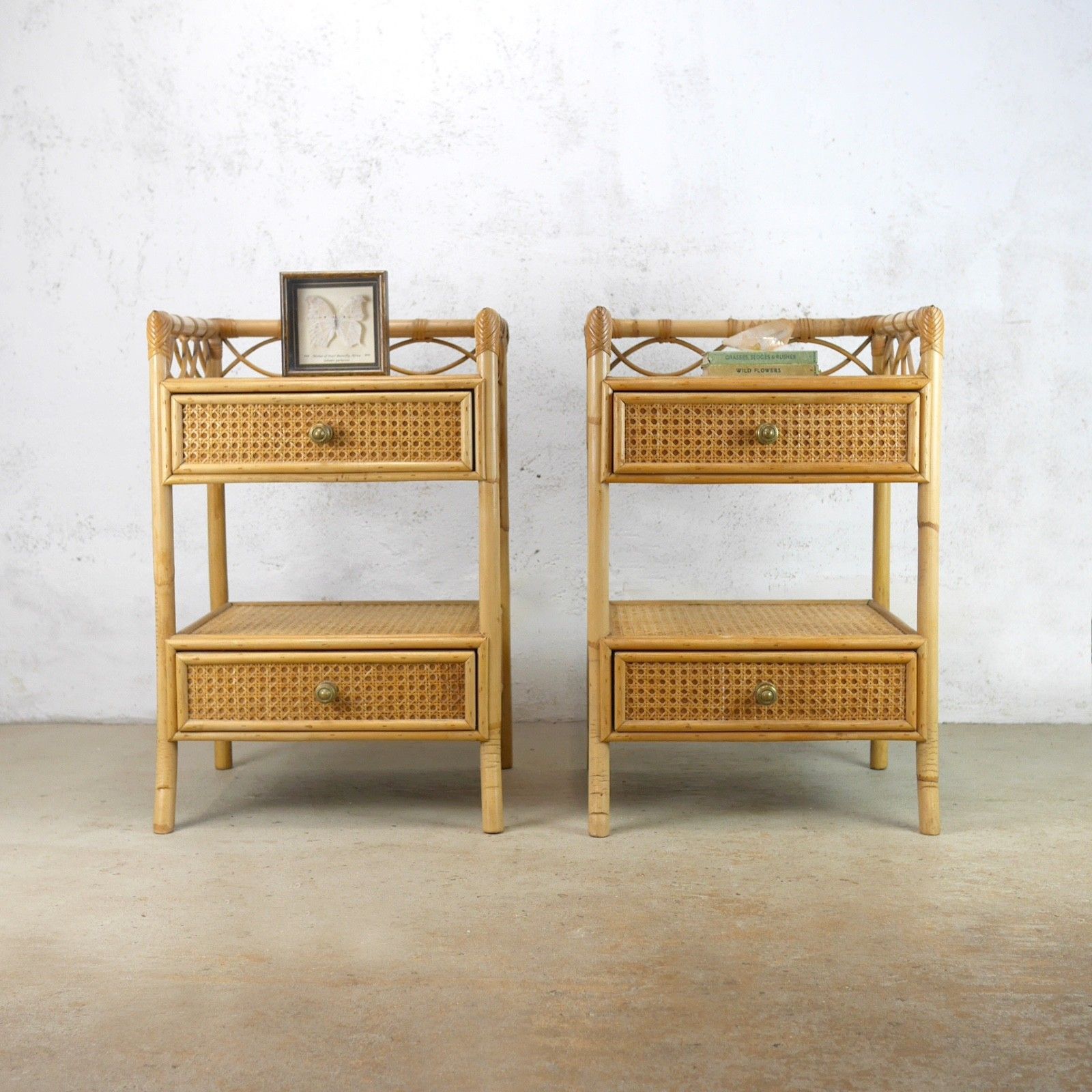 Pair Vintage Mid Century Bamboo Rattan Bedside Tables Drawers Angraves #103130