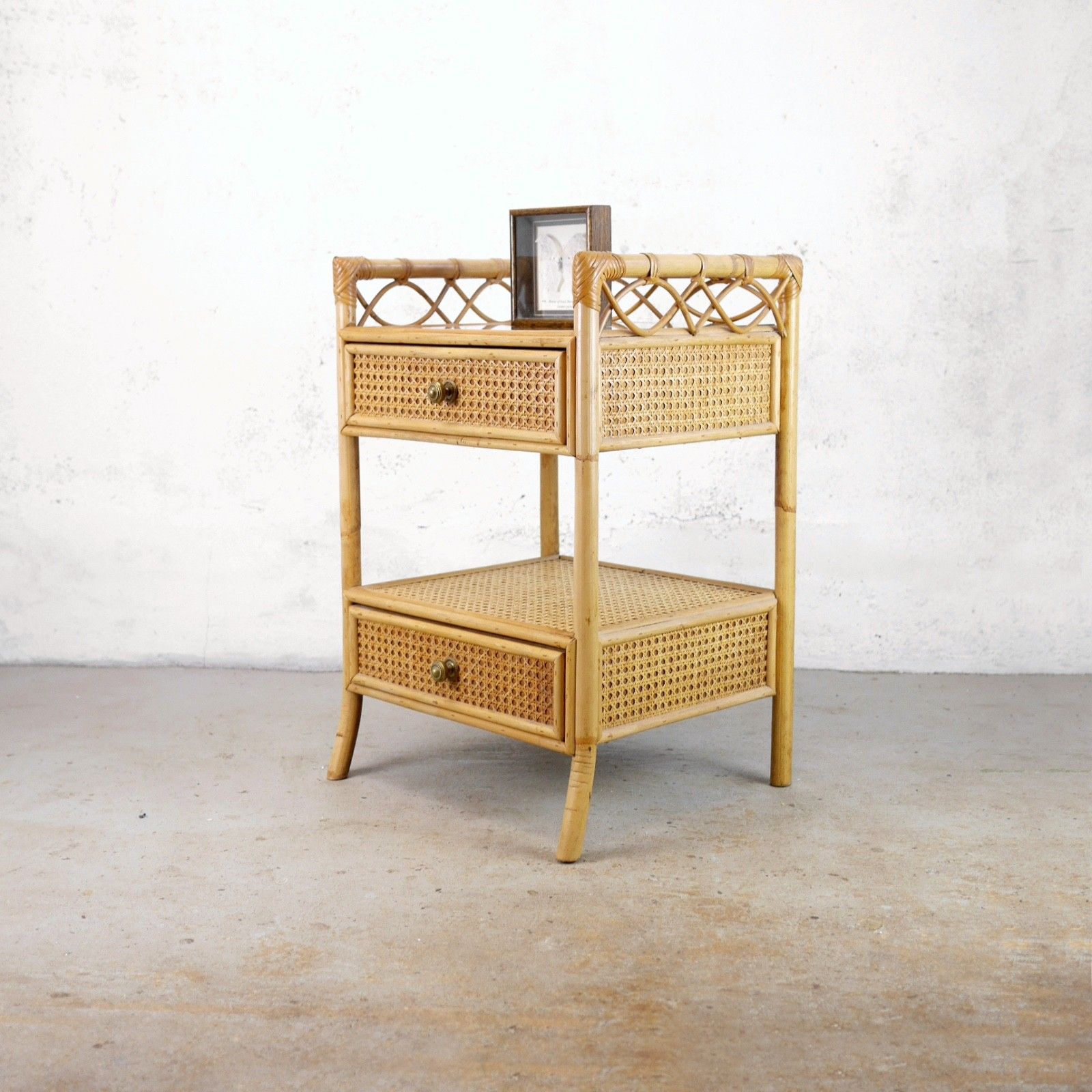 Pair Vintage Mid Century Bamboo Rattan Bedside Tables Drawers Angraves #103130 photo vinterior