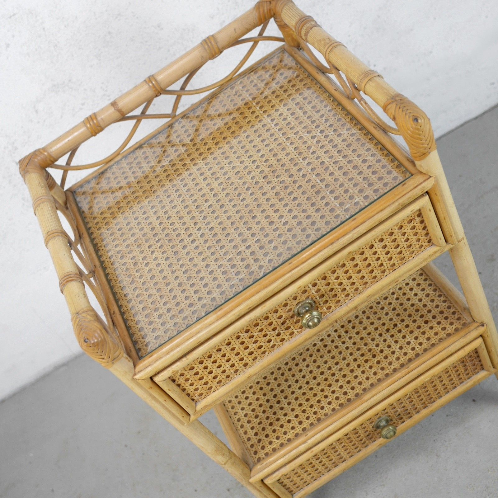 photo furniture Pair Vintage Mid Century Bamboo Rattan Bedside Tables Drawers Angraves #103130