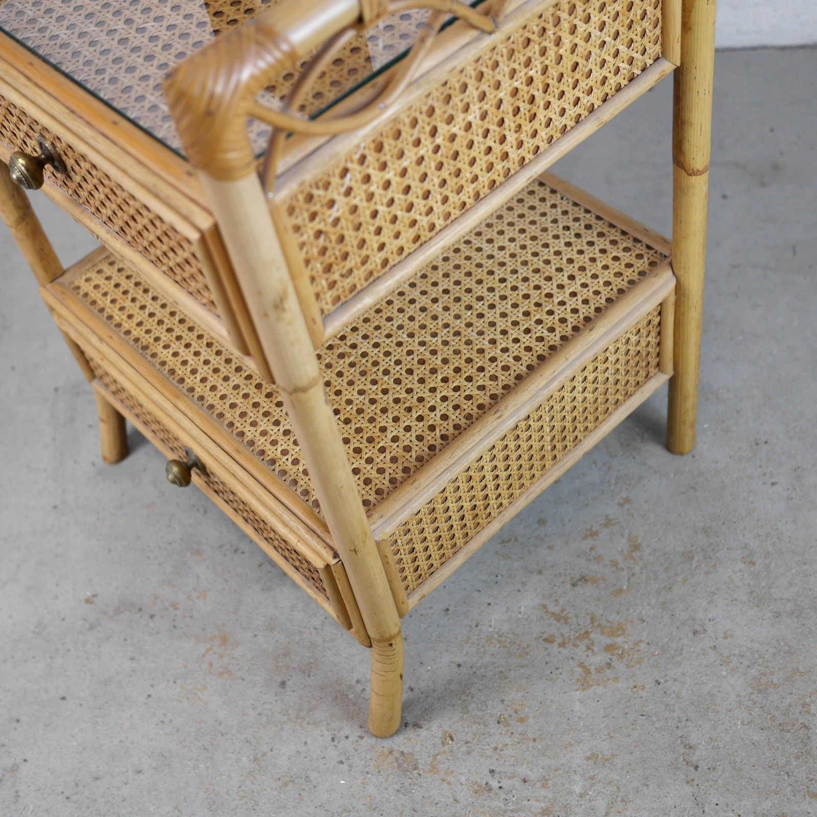 555.0 Pair Vintage Mid Century Bamboo Rattan Bedside Tables Drawers Angraves #103130 photo