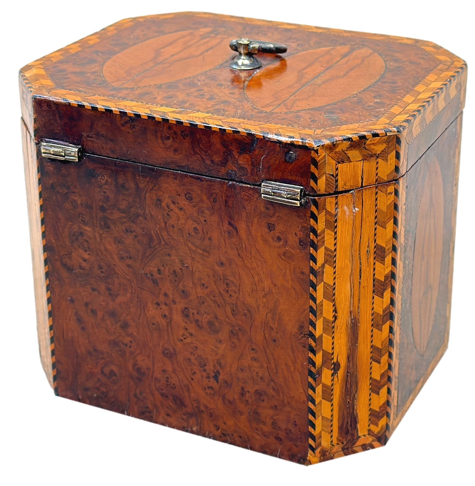 photo for sale Georgian 18th Century Yew Wood Octagonal Tea Caddy (England, Circa 1780)