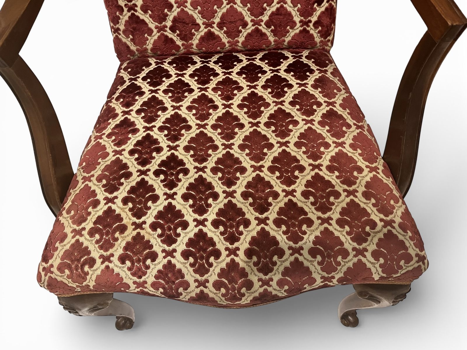 Antique Upholstered Armchair 93cm High 57cm Wide Red Pattern Fabric Wooden Frame photo Furniture