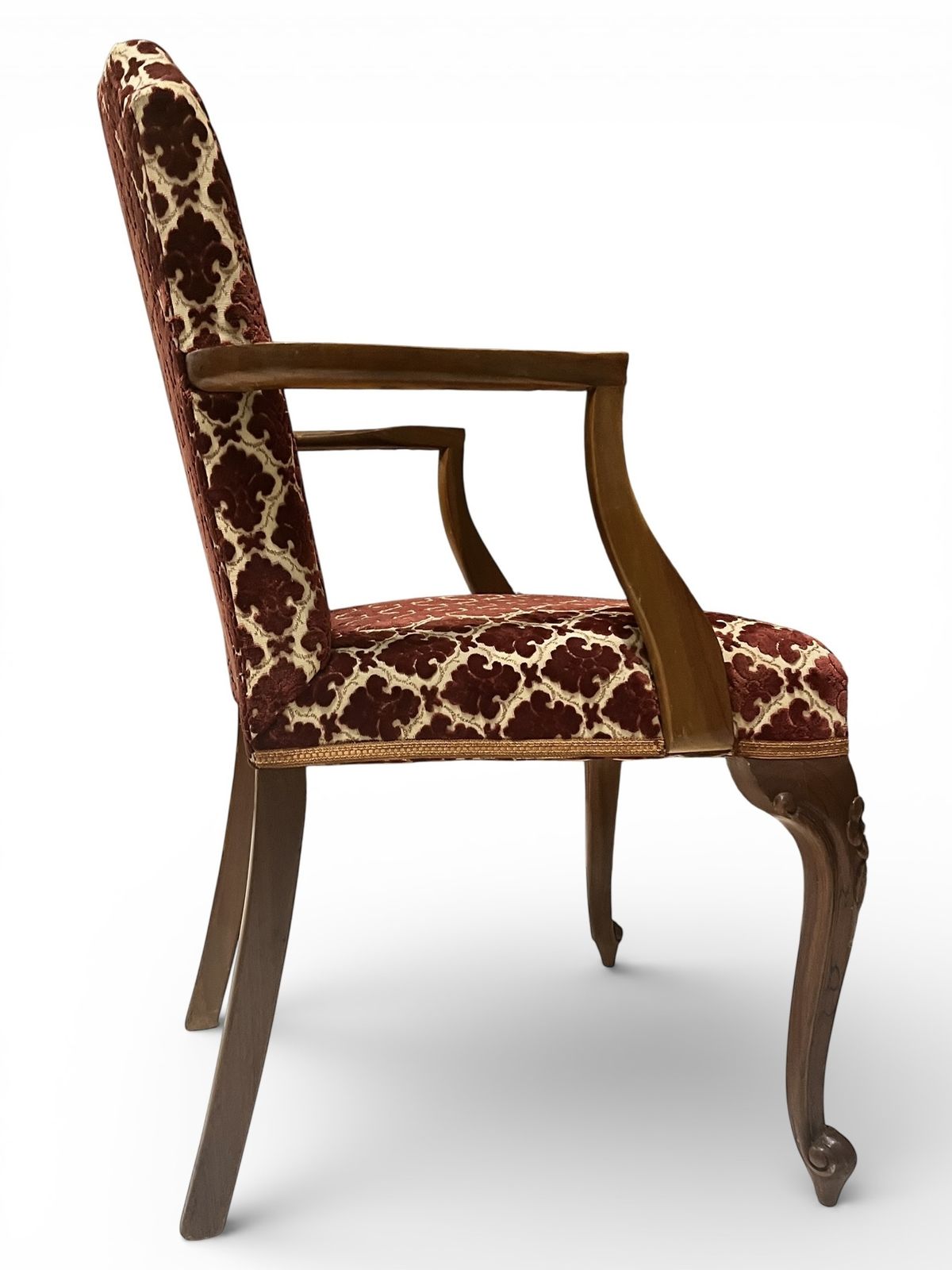 photo furniture Antique Upholstered Armchair 93cm High 57cm Wide Red Pattern Fabric Wooden Frame