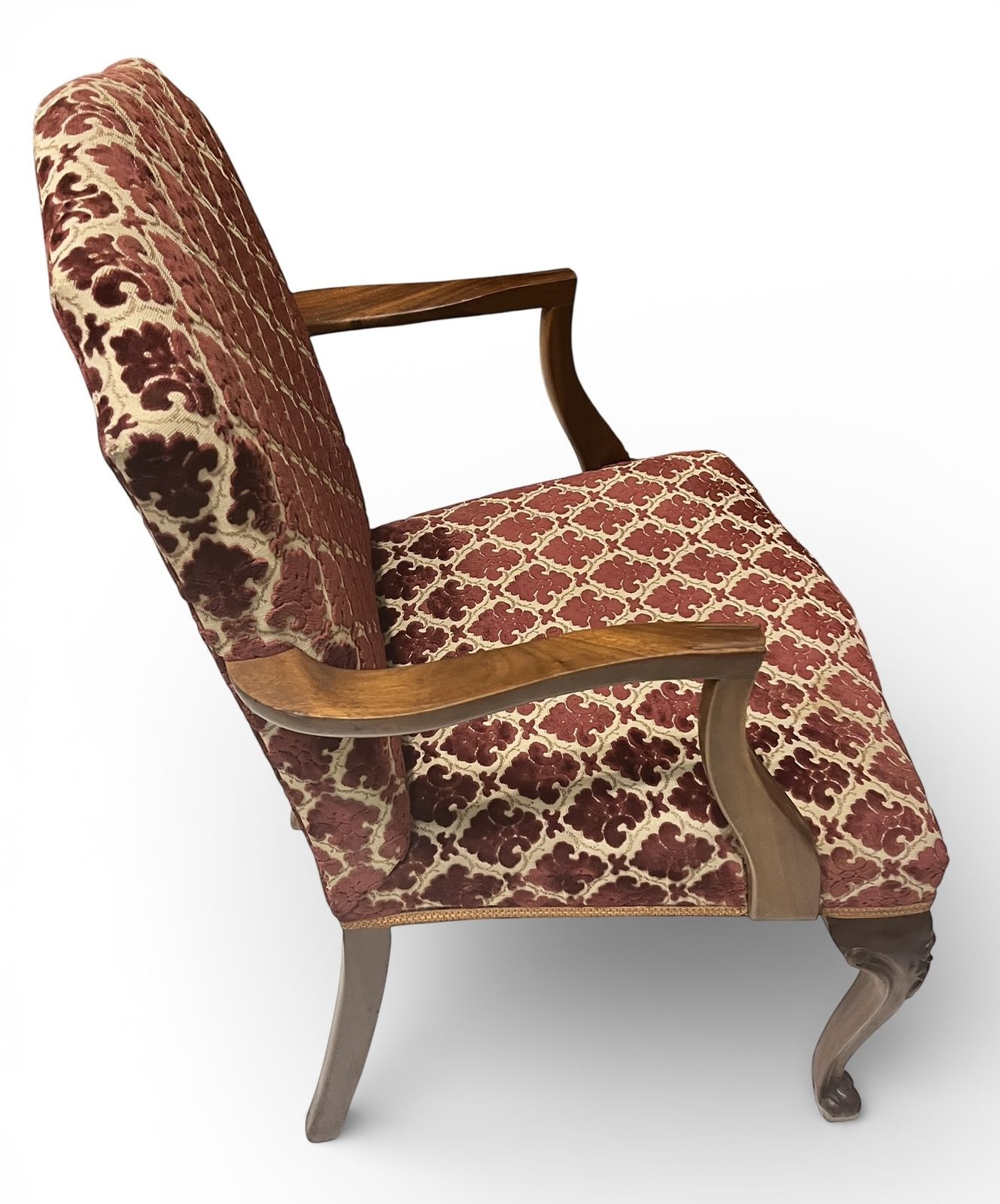 photo for sale Antique Upholstered Armchair 93cm High 57cm Wide Red Pattern Fabric Wooden Frame